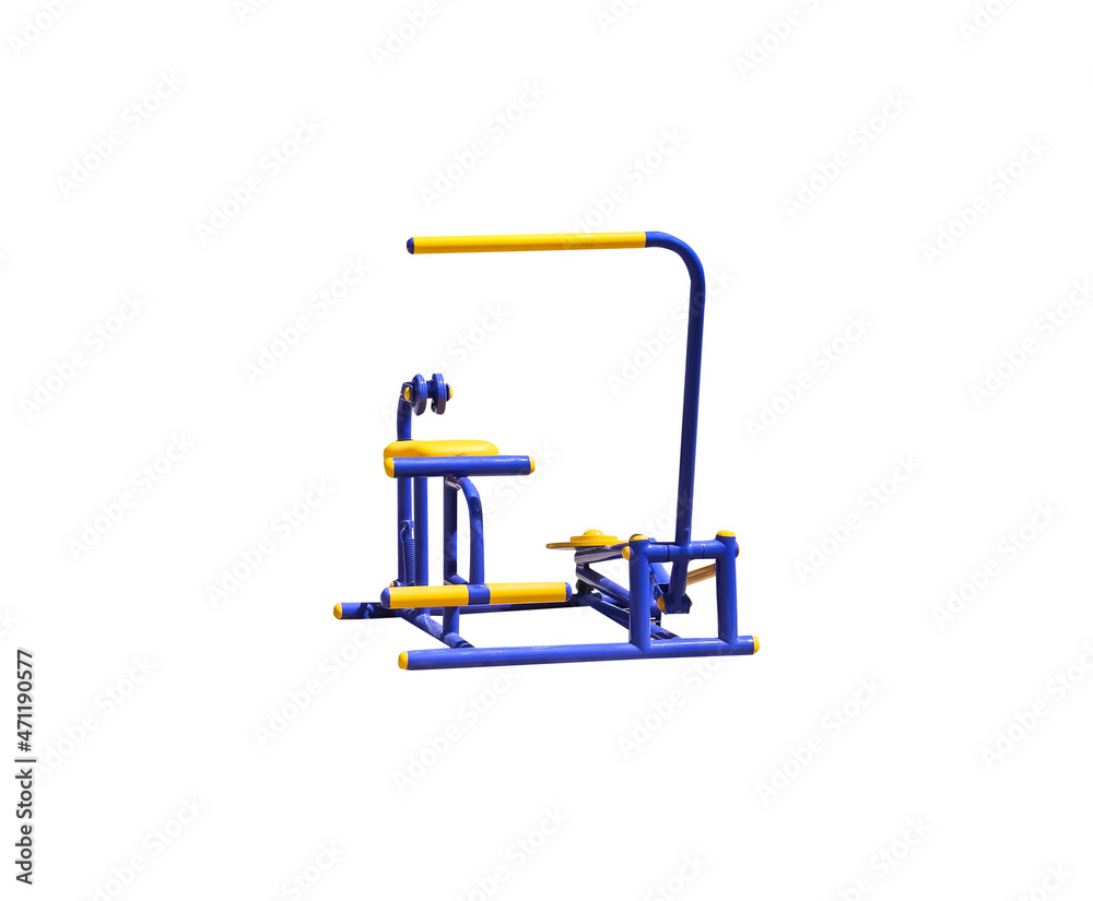 Blue and yellow exercise equipment isolated on white background, clipping path Blue and yellow exercise equipment isolated on white background, clipping path