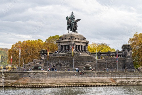 Koblenz were rivers Rhein and Mosel meet. In the foreground the German Corner, a symbol of the unification of Germany with an equestrian statue of Emperor William I