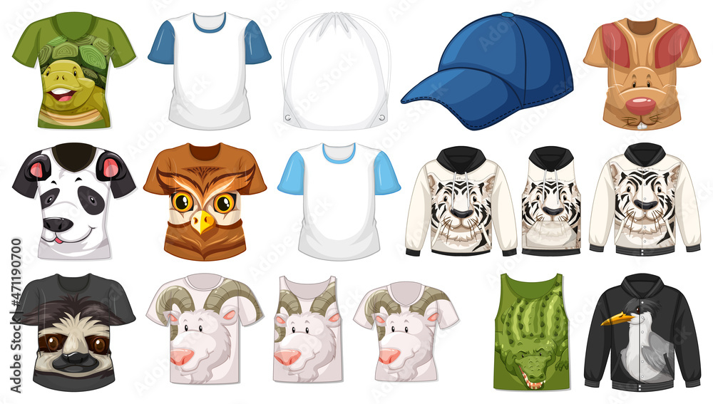 Set of different shirts and accessories with animal patterns Set of different shirts and accessories with animal patterns