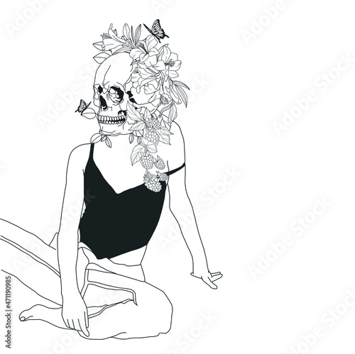 Halloween Abstract Art. Trendy Linear Minimalistic Female Figure With Skull And Butterflies. Abstract Vector Illustration Of The Woman Body. Design Idea For Tattoo, Card, Poster, Logo. 
