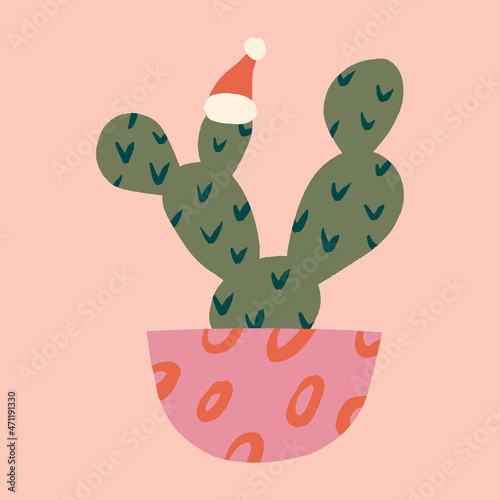 Christmas doodle potted cactus plant Santa character childish cartoon boho naive funky handdrawn style art vector