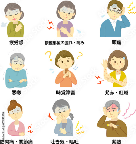 イラスト素材：広い年齢層の人々の新型コロナウイルスワクチン接種後の副反応や後遺症の症状　9セット
