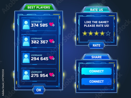 Game frames in sci fi style with best players list, rate and share banners. Vector cartoon set of blue futuristic gui elements, board with winners usernames, feedback with stars and connect buttons