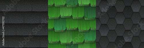 Roof game textures green wooden tiles, grey asphalt and shingle overlap cartoon 3d seamless pattern. House roofing materials, textured construction exterior design elements, Vector illustration