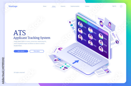 ATS, applicant tracking system isometric landing page. Business concept with candidates profiles on laptop screen. Files and cv information organization for hiring and recruitment 3d vector web banner photo