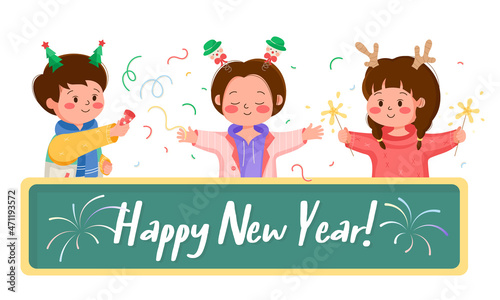 Set of young happy cute people dressed in home pajamas with Christmas horns. Happy new year isolated greeting card with confetti and fireworks. Boys and girls enjoying New Year party isolated vector. 