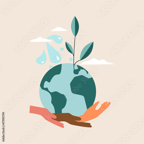 World water day or diverse hands holding planet Earth with water drop shape. Sustainable ecological ecosystems concept with green earth. Flat vector illustration for poster, greeting card design