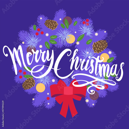 Lettering Merry Christmas words with wreath and red bow-knot