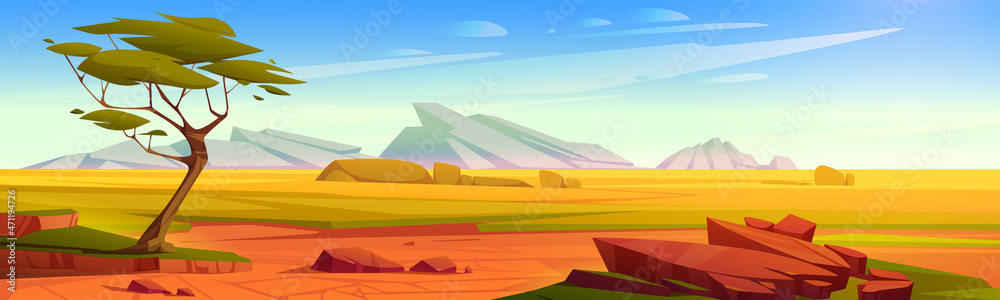 African savannah landscape, wild nature of Africa, cartoon background with  green tree, rocks and plain grassland field under blue clear sky. Kenya  panoramic view, parallax scene, Vector illustration Stock Vector | Adobe