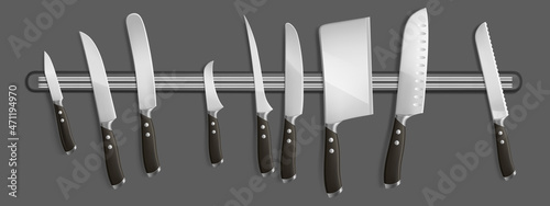 Magnetic holder with kitchen knives, chef cutting hatchets cooking cutlery realistic kitchenware. Cleaver, french, boning and filleting, carving steel choppers with black handle 3d vector illustration