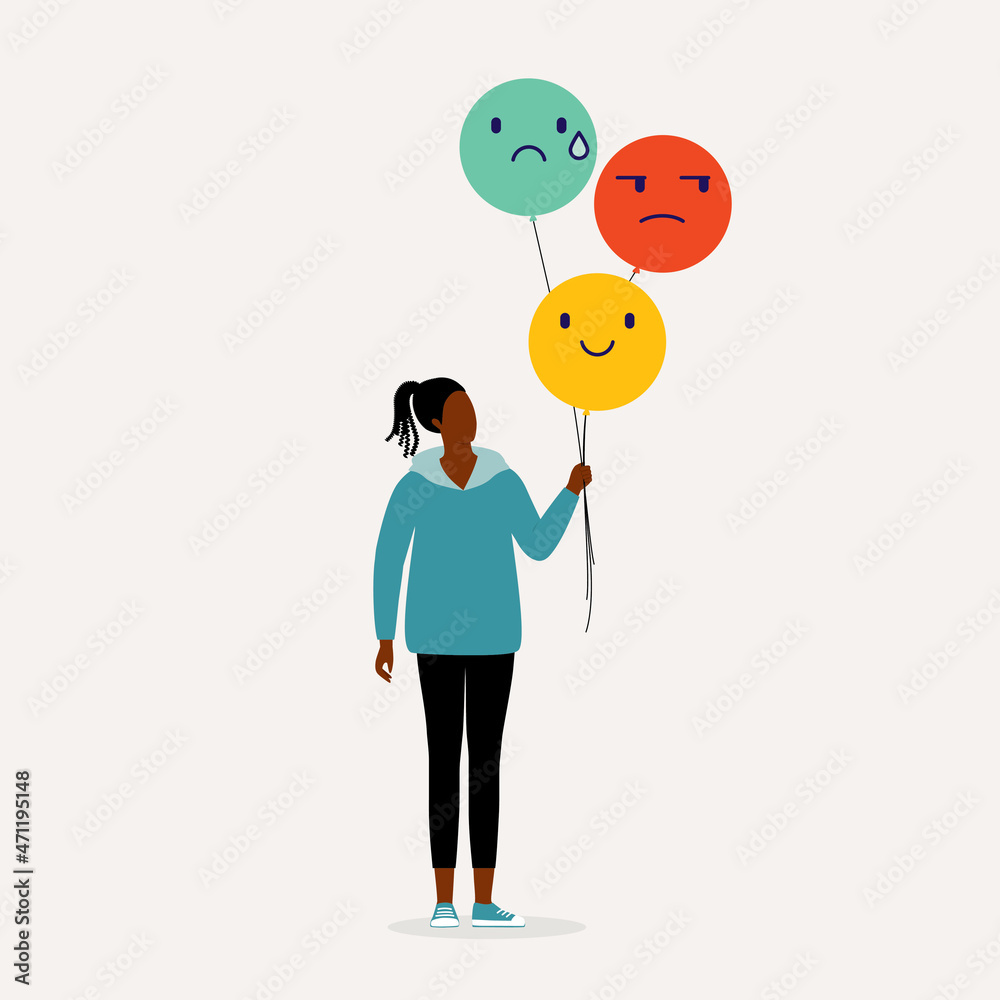 Mixed Feelings And Emotions Concept. Young Black Woman Holding Balloons With Smiley, Angry And Sad Emoji. Positive And Negative Reaction. Mixed Feelings And Emotions Concept. Young Black Woman Holding Balloons With Smiley, Angry And Sad Emoji. Positive And Negative Reaction.