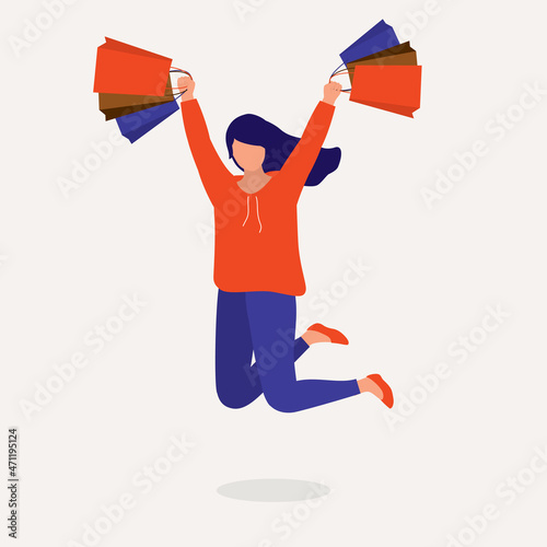 Happy Young Woman With Shopping Bags Jumping.