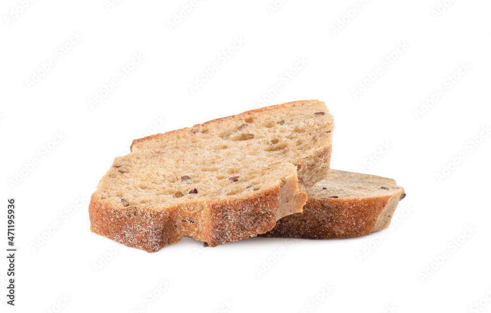 Slices of fresh buckwheat baguette on white background Slices of fresh buckwheat baguette on white background