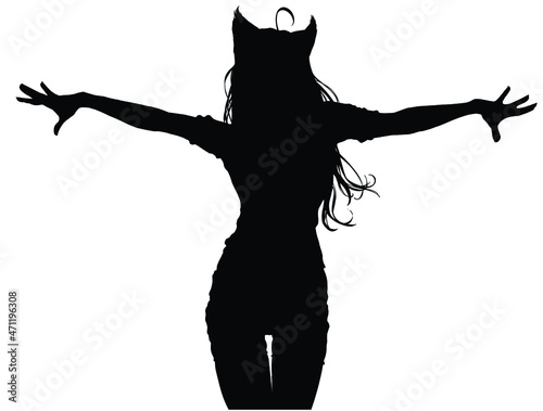 A black silhouette of a dancing fox girl with a perfect body, cute ears and a forelock on her head, she elegantly wriggles in a plastic dance forming waves with her thin arms and thin waist. 2d art