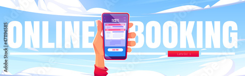 Online booking poster. Internet service for book and buy plane, bus or train tickets. Vector banner with cartoon illustration of hand holding mobile phone on background of blue sky