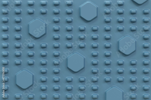 Spring Lake blue plate with correct geometric shapes, rectangles and hexagons alternating regularly placed on it, 3D illustration. Abstract modern futuristic background.