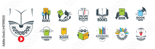 A set of vector logos of books and audiobooks on a white background