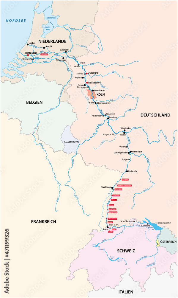 River system map Rhine with the most important cities and tributaries in German language