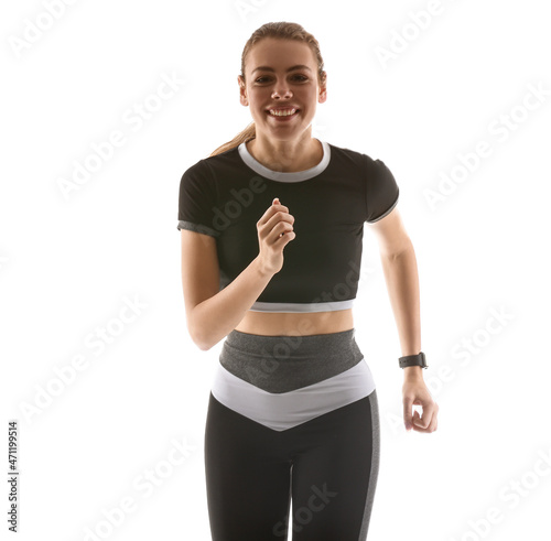 Sporty running woman on whi...