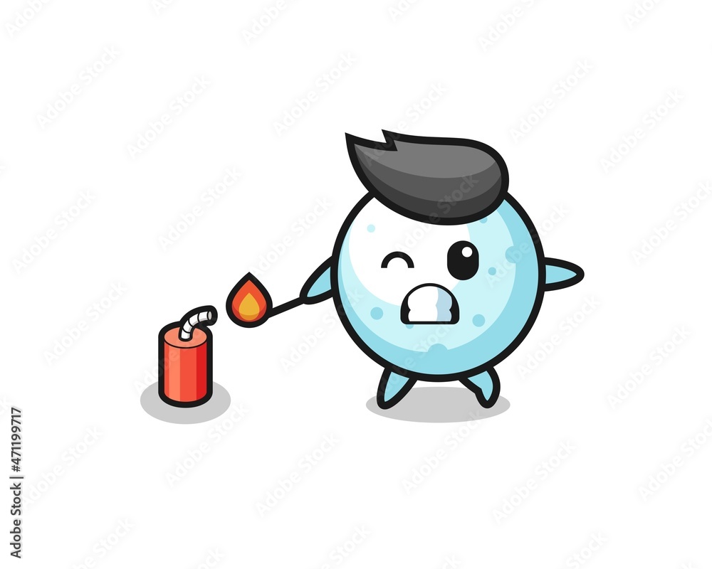 snow ball mascot illustration playing firecracker