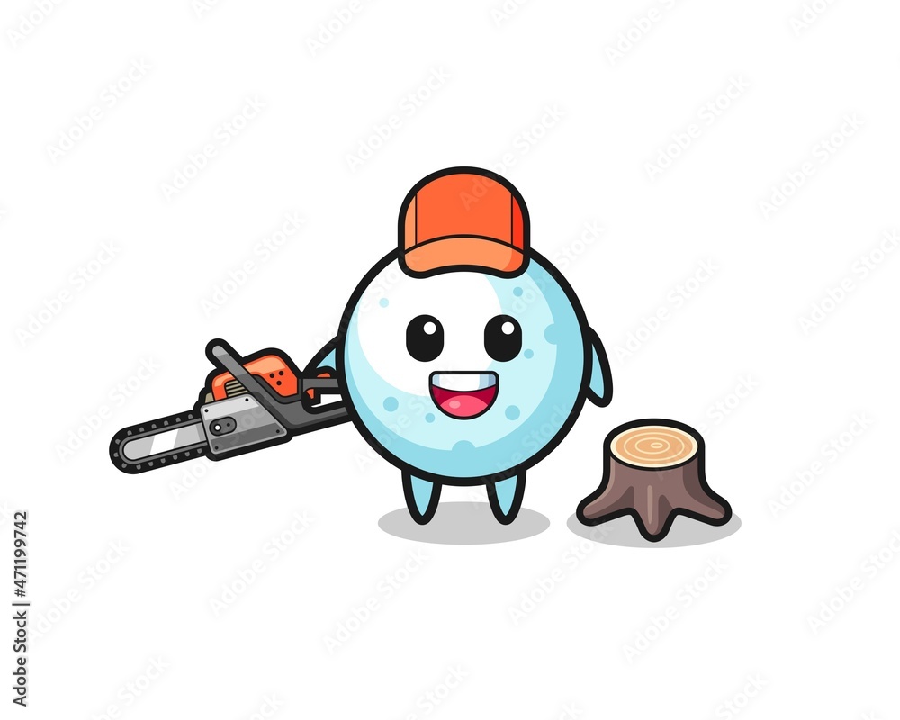 snow ball lumberjack character holding a chainsaw