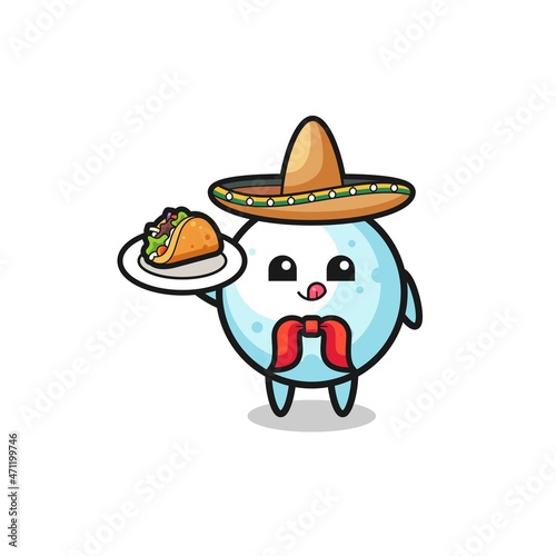 snow ball Mexican chef mascot holding a taco
