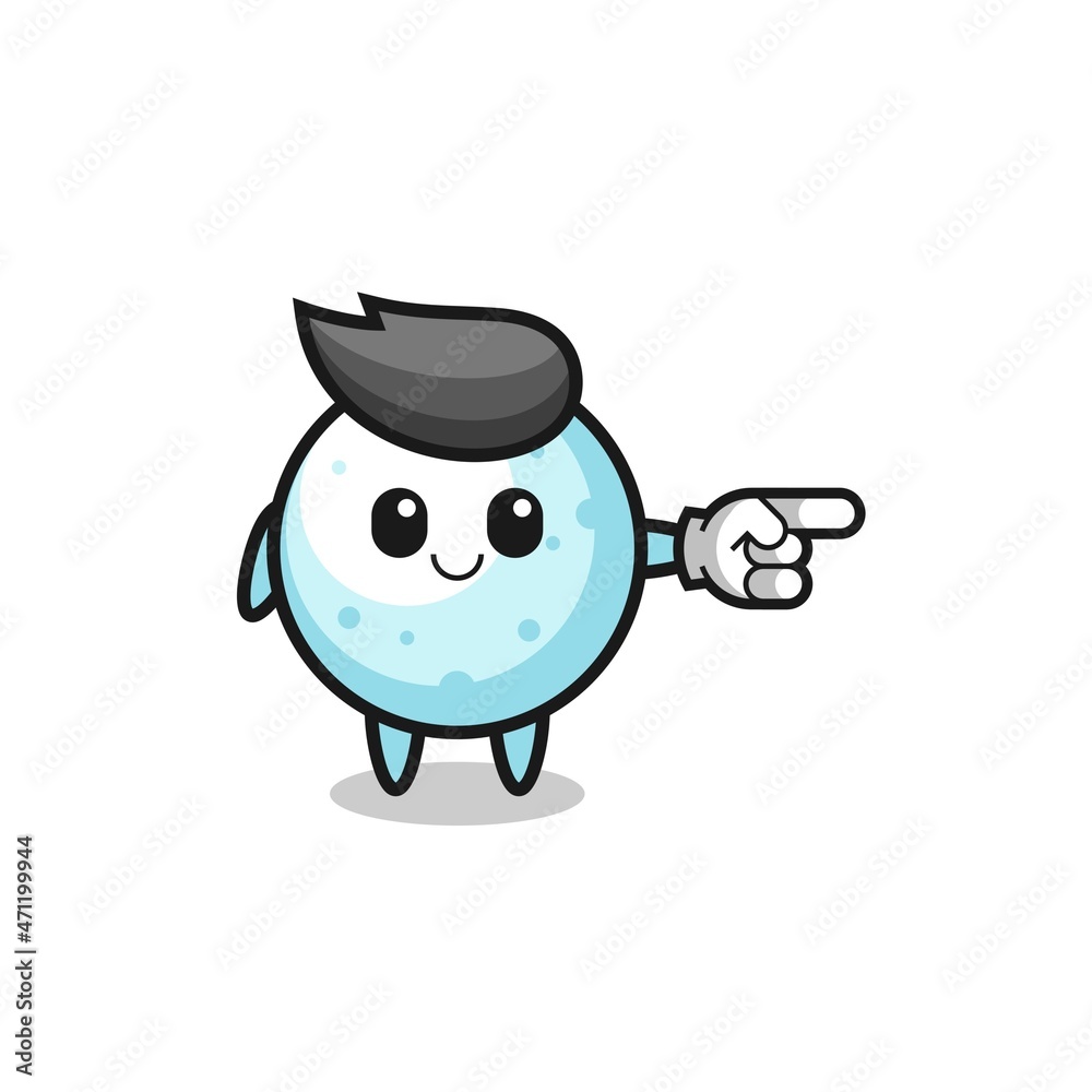 snow ball mascot with pointing right gesture