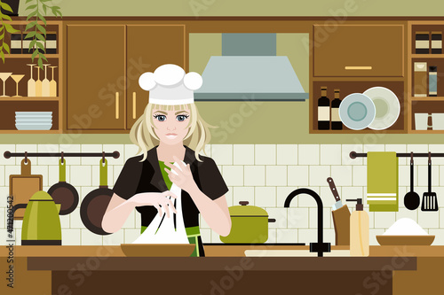 Young female character kneading dough while standing at the table in the kitchen wearing a white chef's hat. Vector scene in the kitchen.