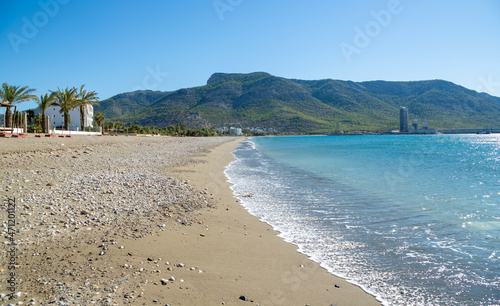 Fototapeta Naklejka Na Ścianę i Meble -  Yeşilovacık beach in Silifke district of Mersin, the city on the Mediterranean coast of Turkey. It is famous for its clean blue waters and natural beauties.