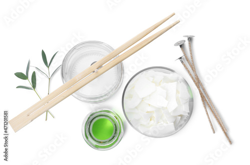 Ingredients for homemade candle on white background, top view