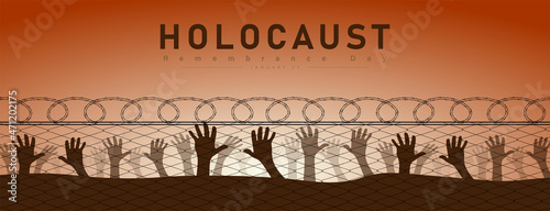 International Holocaust Remembrance Day poster, January 27. World War II Remembrance Day. Concentration Camps. Silhouette refugee hands raising and barbed wire photo