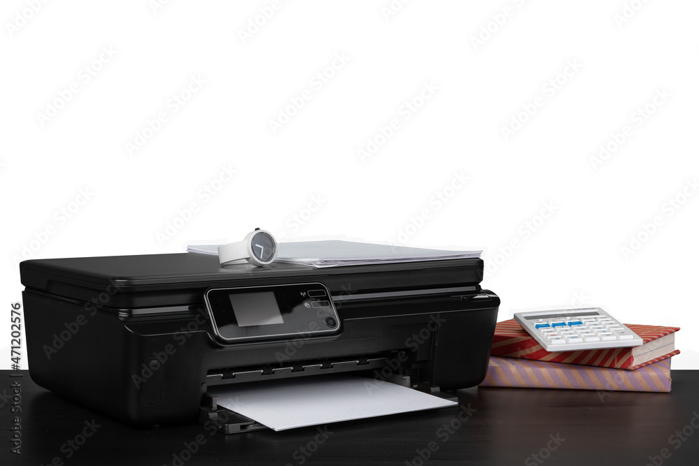 Office table with laser printer and books against white background Office table with laser printer and books against white background