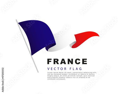 The flag of France hangs from a flagpole and flutters in the wind. Vector illustration isolated on white background.
