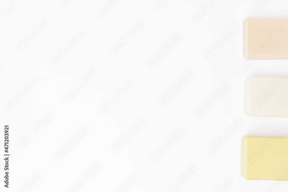 Top view of soap bars flat lay on white background Top view of soap bars flat lay on white background
