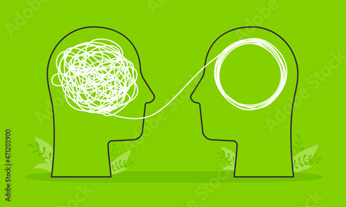 Psychologist consulting or mental problem solving brainstorm concept. Human heads with tangled chaos disorder turns into order line, finding solution. Coach, mentoring psychotherapy. Complex to simple
