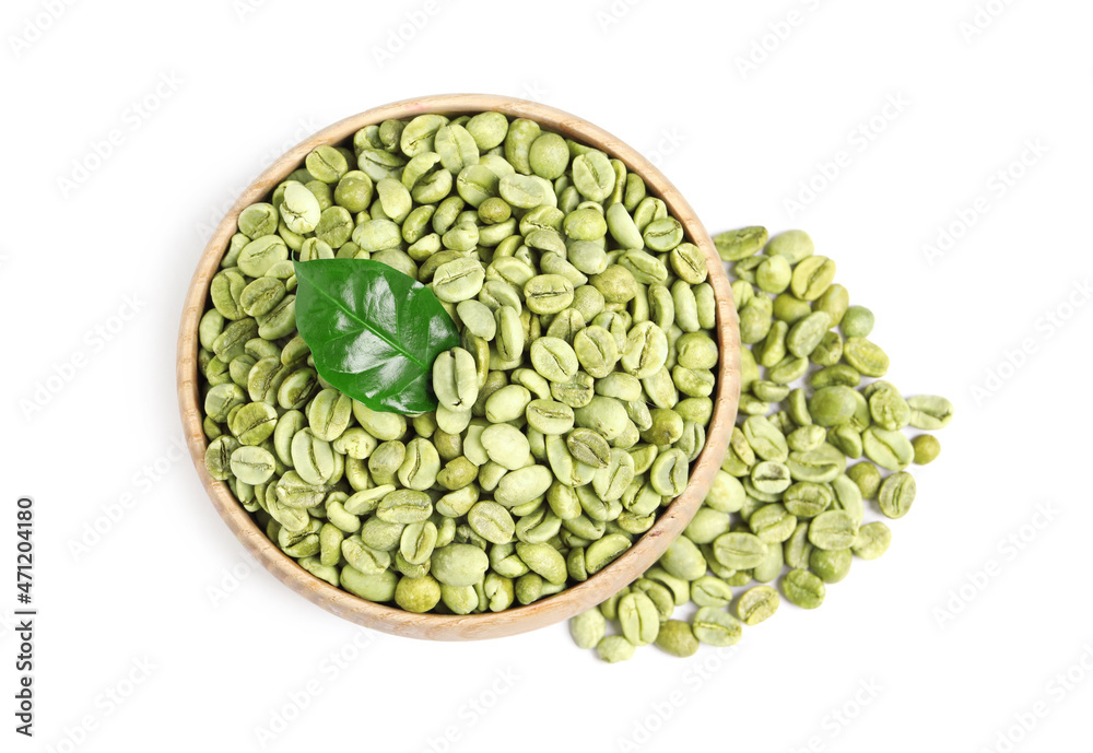 Green coffee beans with leaf on white background, top view Green coffee beans with leaf on white background, top view
