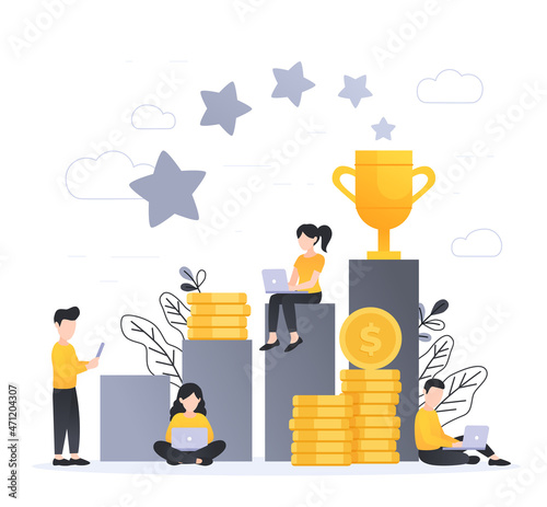 Business achievement flat vector illustration. Small people working on laptops around columns with pile of coins, golden cup and stars. Businessmen rich their goals landing page template