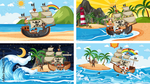 Set of different beach scenes with pirate ship