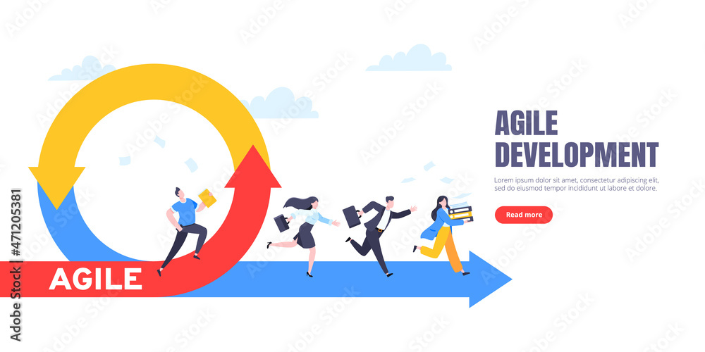 Agile development methodology business concept flat style design vector illustration isolated on white background. Agile life cycle for software development diagram. Business person run into project.