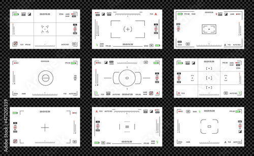 Camera viewfinder video or photo frame recorder flat style design vector illustration set. Digital camera viewfinder with exposure settings and focusing grid template.
