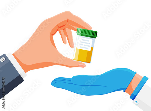 Urine Test Tube in Hand Isolated on White. Medical Sample in Glass Tube. Laboratory Container with Urine. Specimen Cup for Urological Analysis and Medical Examination. Cartoon Flat Vector Illustration