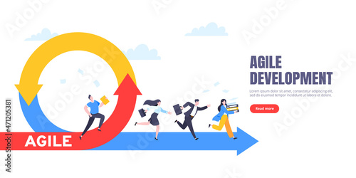 Agile development methodology business concept flat style design vector illustration isolated on white background. Agile life cycle for software development diagram. Business person run into project.