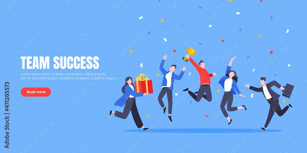 Happy business team employee winners award ceremony flat style design vector illustration. Employee recognition and best worker competition award team celebrating victory winner business concept.