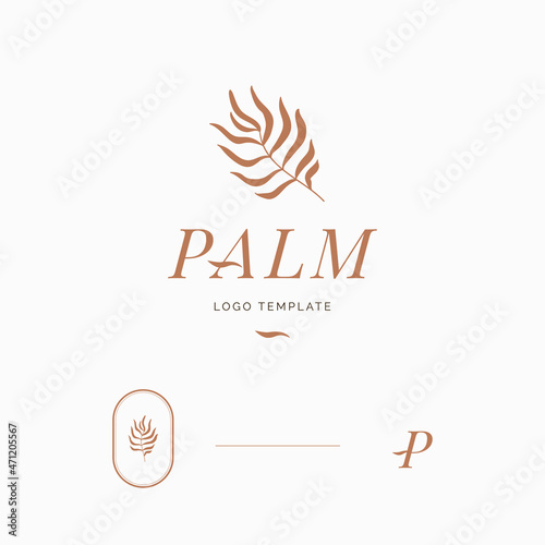 Vector logo design template and emblem with golden palm leaf and letter P