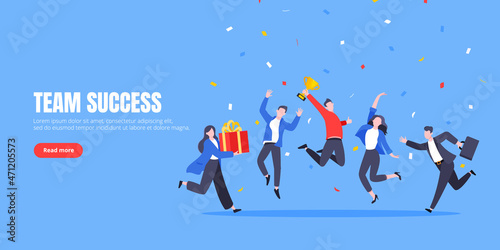 Happy business team employee winners award ceremony flat style design vector illustration. Employee recognition and best worker competition award team celebrating victory winner business concept.