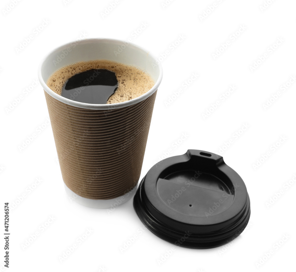 Aromatic coffee in takeaway paper cup and lid on white background