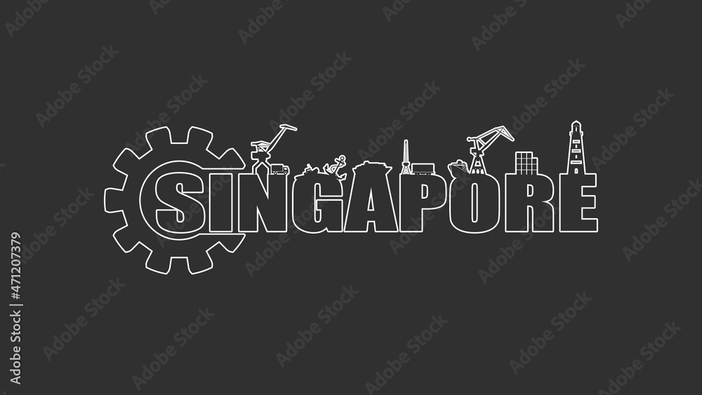 Gear with sea shipping relative silhouettes.. Calligraphy inscription. Singapore city name text