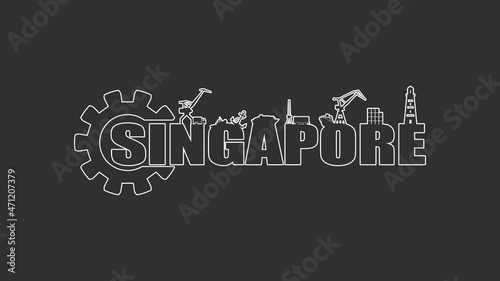Gear with sea shipping relative silhouettes.. Calligraphy inscription. Singapore city name text