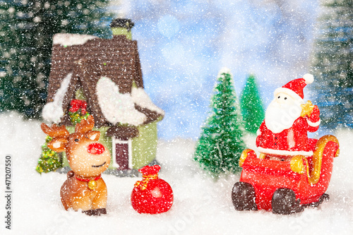 new year and christmas greeting card, santa claus and reindeer with gifts on sleigh, concept