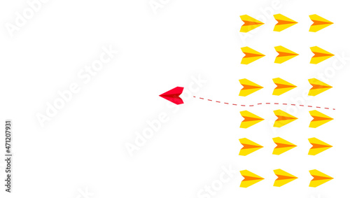 Paper airplanes on white background, business concept. red plane from other planes flying in different directions. New idea, change, trend, courage and leadership concept. Vector design EPS 10.